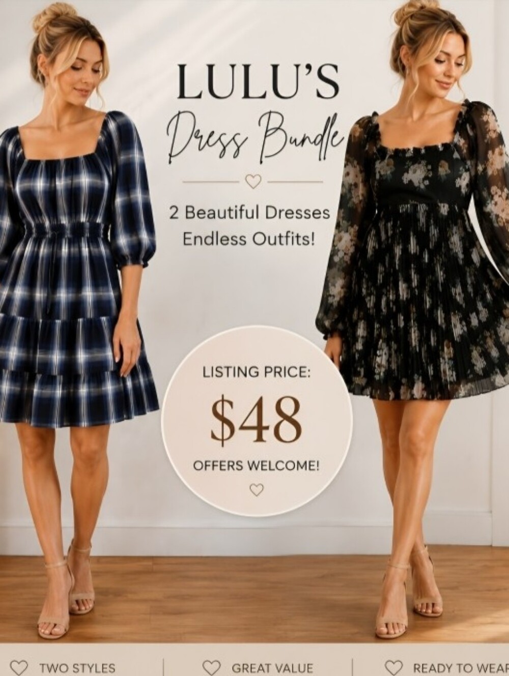 2 Lulu's Mini Dresses Floral Pleated & Plaid Smocked Size L NWT